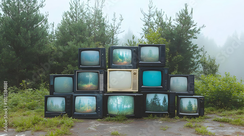 A stack of vintage TVs disp...