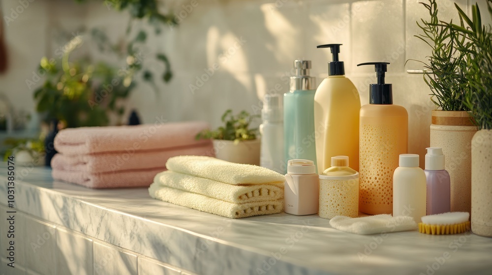 Spa-Inspired Bathroom Counter with Assorted Toiletries and Soft Towels in Sunlit Setting Spa-Inspired Bathroom Counter with Assorted Toiletries and Soft Towels in Sunlit Setting