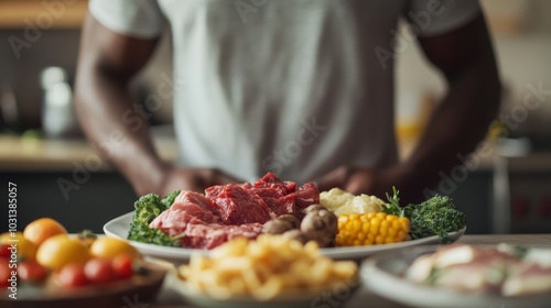 A person prepares a variety of fresh meats and vegetables on a table, ready for cooking or serving, in a warm kitchen setting.