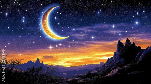 Crescent Moon Over Mountains.