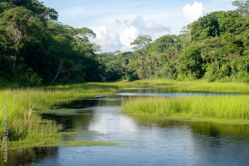 Serene Wetland Sanctuary: Lush Vegetation and Tranquil Waters Amidst the Tropical Landscape Serene Wetland Sanctuary: Lush Vegetation and Tranquil Waters Amidst the Tropical Landscape