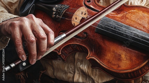 A highly detailed close-up of a musician playing a violin, showing the bow gliding over the strings, the wood grain, and the intense focus. photo