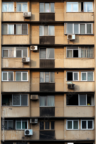 A front view of a highrise building with windows covered in soot and grime due to longterm exposure to polluted air