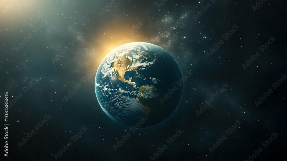 Naklejka premium A stunning view of Earth from space with a glowing sunrise.