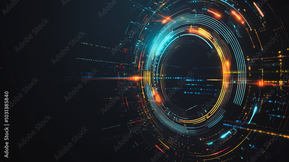 Abstract black background with Colorful circle lines. Digital future technology . Abstract business connection of lines from nodes innovation of communication in the network. Abstract black background with Colorful circle lines. Digital future technology . Abstract business connection of lines from nodes innovation of communication in the network.