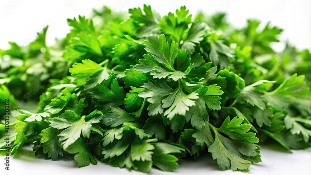 Extreme close-up of chopped fresh green parsley leaves isolated on white background