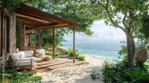 A wooden patio with white wicker furniture on a sandy beach, overlooking a tropical ocean.