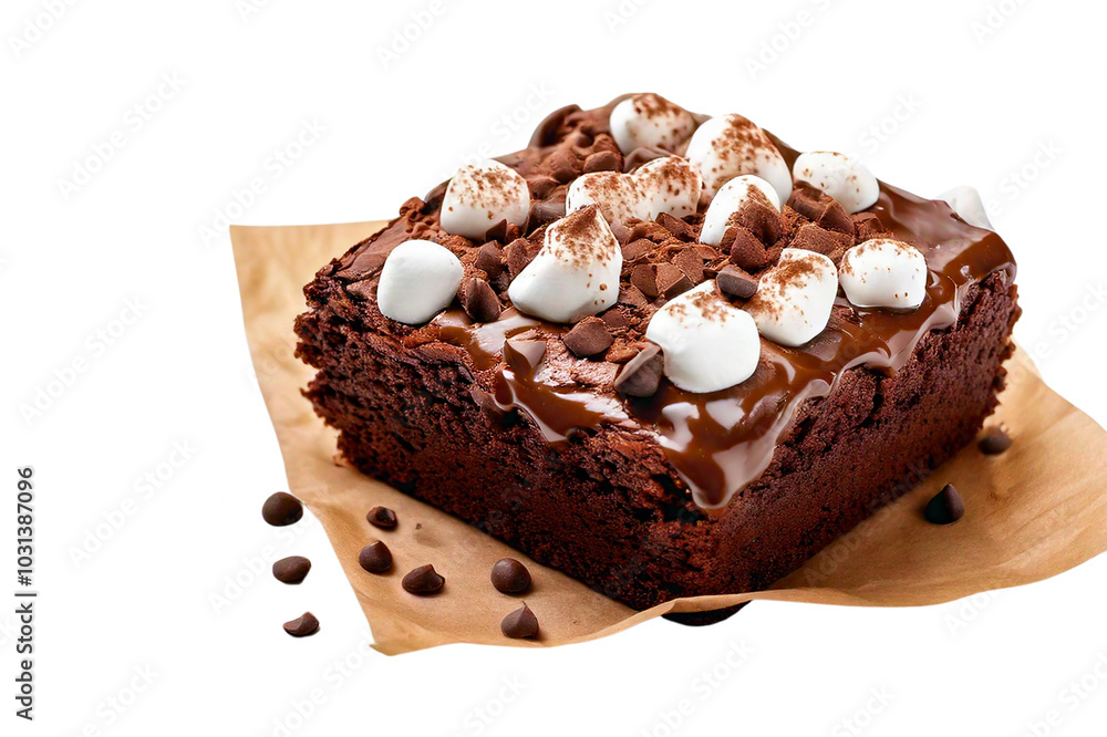 A plate of brownies with a variety of toppings such as marshmallows, caramel drizzle, and nuts, showcasing different flavor combinations for dessert variety, isolated white background. A plate of brownies with a variety of toppings such as marshmallows, caramel drizzle, and nuts, showcasing different flavor combinations for dessert variety, isolated white background.