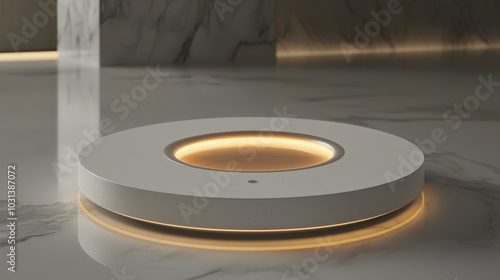 Modern circular design object with glowing ambient light on marble surface