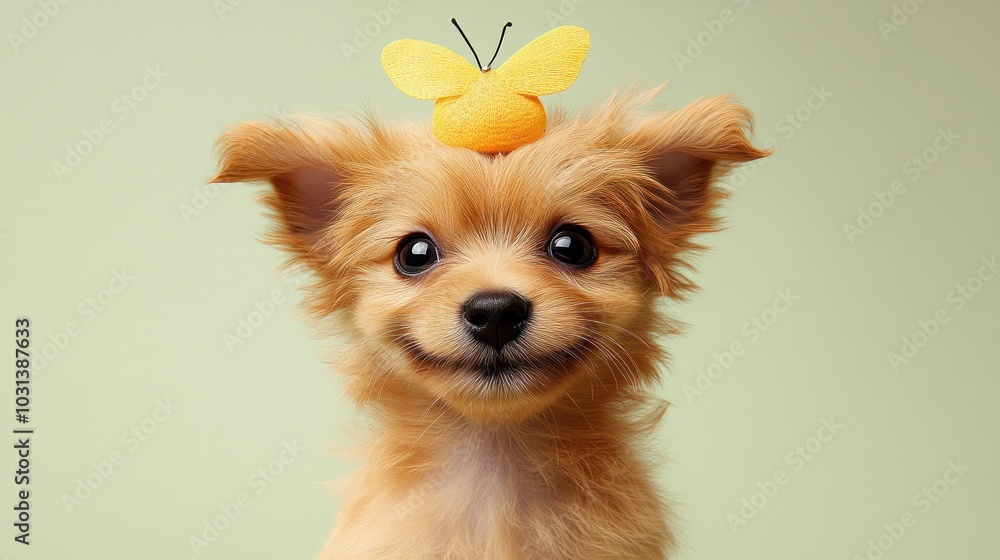 A cute puppy with a butterfly on its head, exuding joy. A cute puppy with a butterfly on its head, exuding joy.