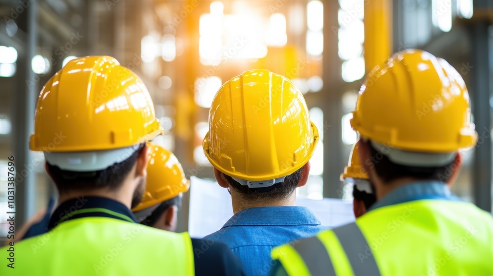 Construction workers in hard hats observe a project, symbolizing teamwork and safety in an industrial setting. Construction workers in hard hats observe a project, symbolizing teamwork and safety in an industrial setting.