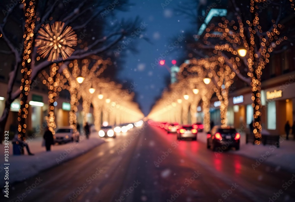 Fototapeta premium A quiet winter evening envelops a city street, where gently falling snow enhances the glow of Christmas lights. The festive atmosphere attracts people celebrating the New Year. Generative AI