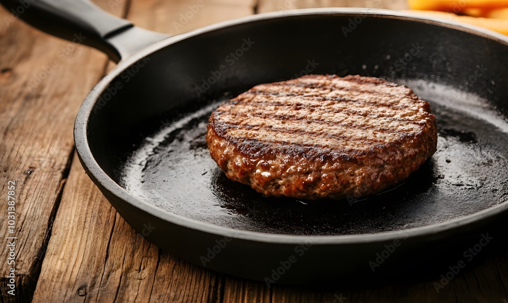 homemade hamburger patty in a skillet pan, Generative AI homemade hamburger patty in a skillet pan, Generative AI