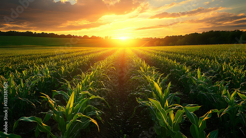 A sunset over a lush cornfi...