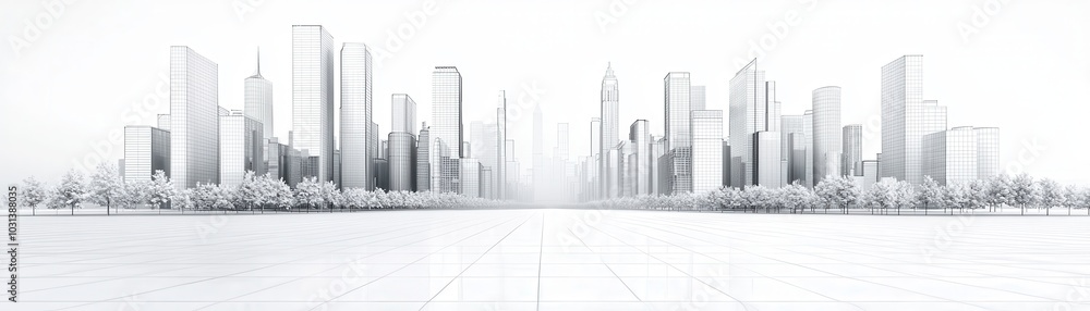 Fototapeta premium Wireframe 3D city skyline with tall skyscrapers and tree-lined streets in a futuristic urban planning design