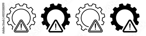 Conjunto de iconos de advertencia, proceso operativo roto, símbolo de engranaje con signo de exclamación, solución de problemas, símbolo de reparación o mantenimiento.