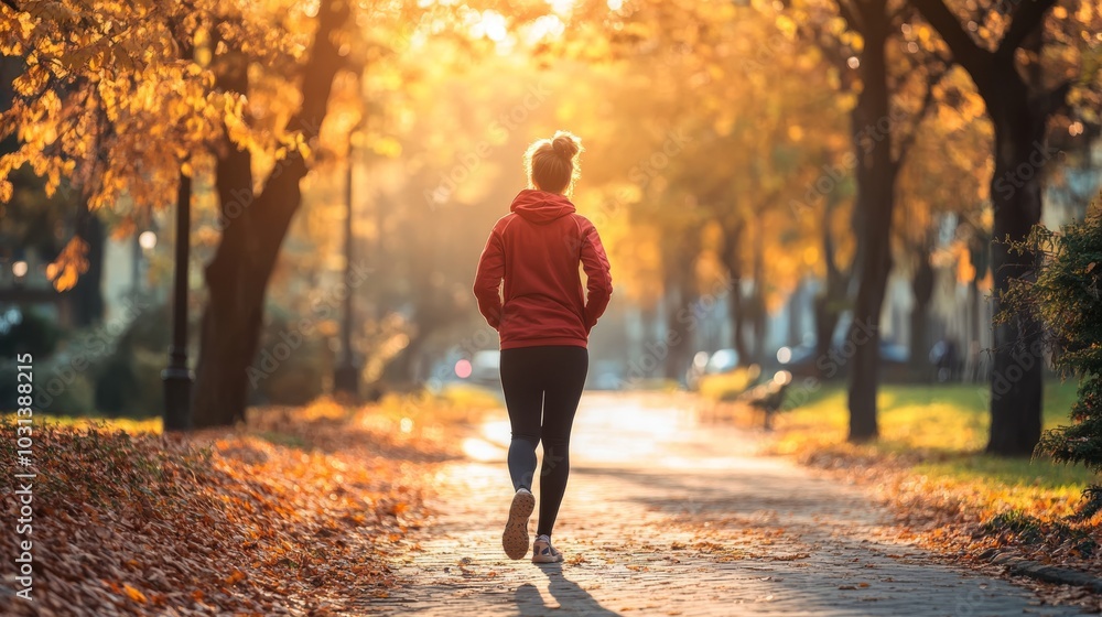Obraz premium A person jogs along a picturesque path surrounded by vibrant autumn foliage, enjoying a sunny day in a serene park setting.