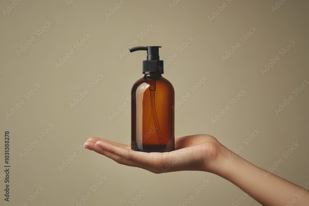 Amber Glass Pump Bottle in Hand. Amber Glass Pump Bottle in Hand.