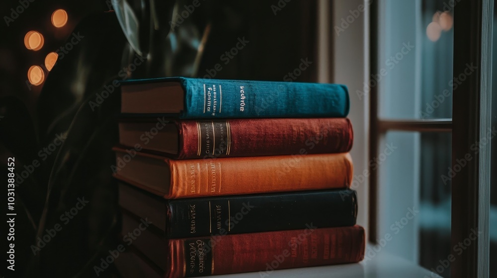 Naklejka premium Stack of colorful books beside a window with warm lighting