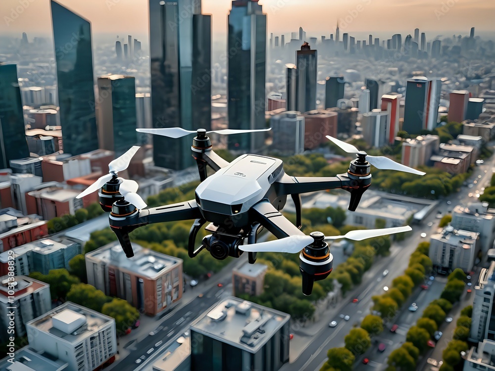 Autonomous delivery drone flying over a city, transforming the future ...