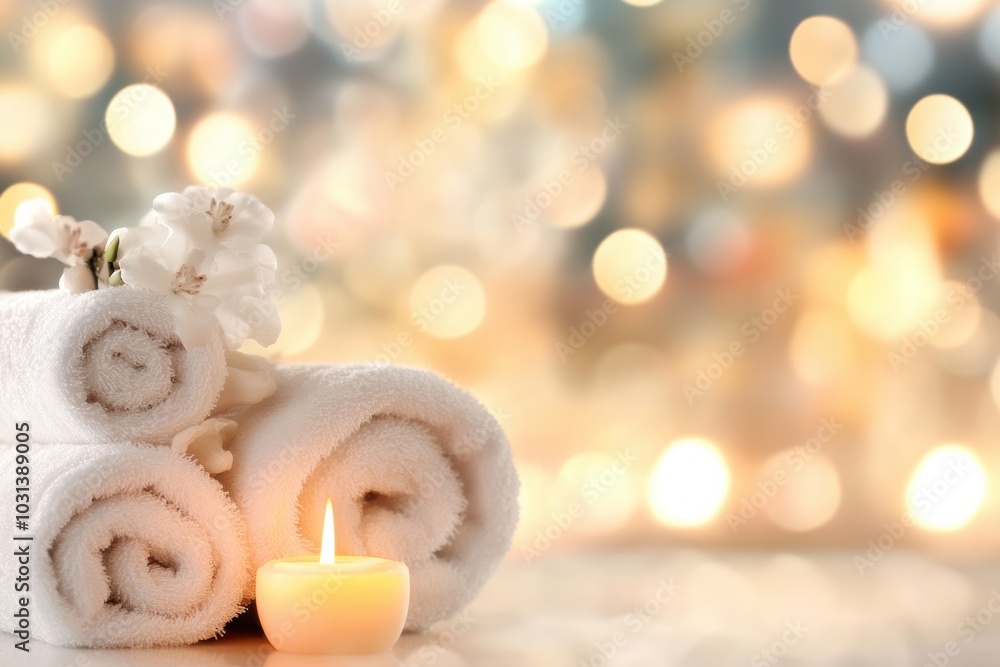 Elegant white towels with a lit candle create a soothing spa ambiance, perfect for relaxation and self-care moments. Elegant white towels with a lit candle create a soothing spa ambiance, perfect for relaxation and self-care moments.