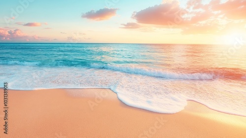 A serene beach scene with soft, golden sand, gentle waves, and a vibrant sunset sky.