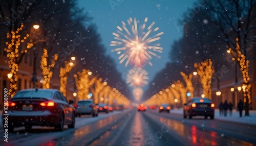 A quiet winter evening envelops a city street, where gently falling snow enhances the glow of Christmas lights. The festive atmosphere attracts people celebrating the New Year. Generative AI