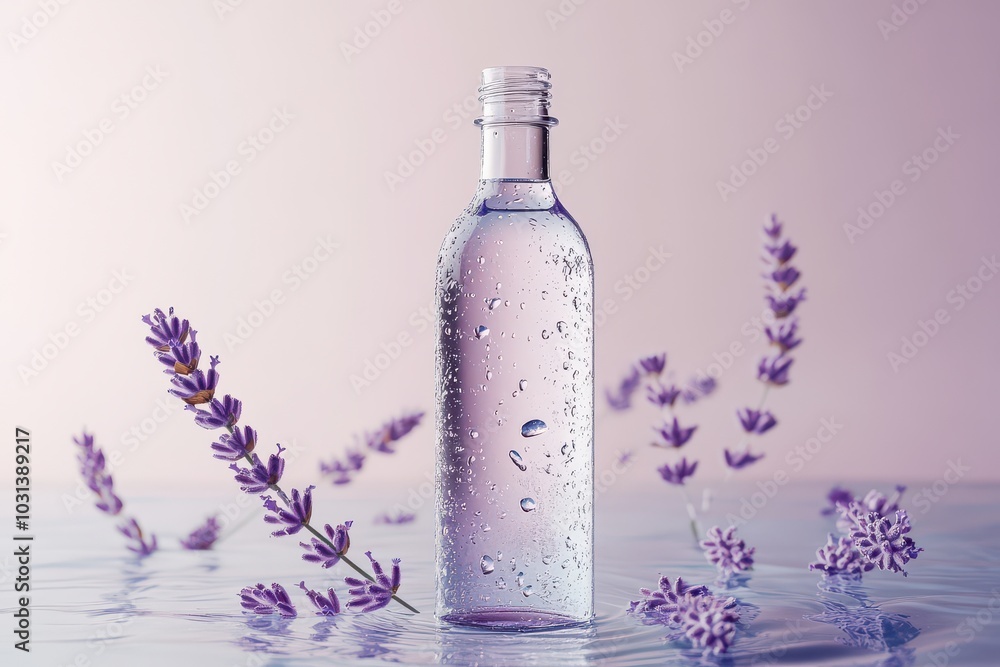 Lavender Essential Oil Bottle with Water Droplets. Lavender Essential Oil Bottle with Water Droplets.