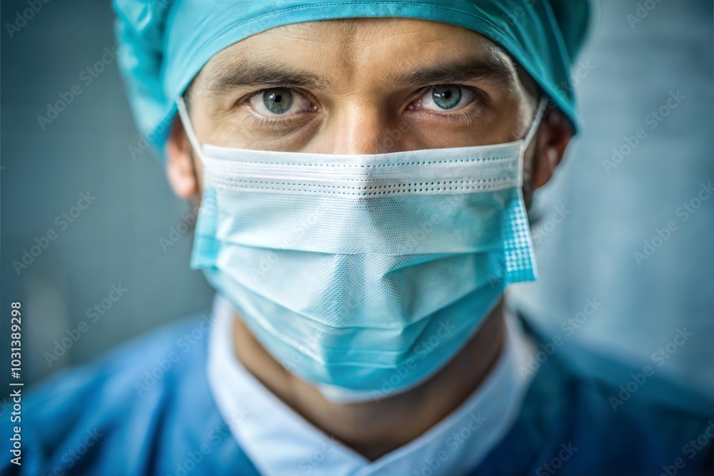 Close-up of surgeon with surgical mask and cap focused expression Close-up of surgeon with surgical mask and cap focused expression