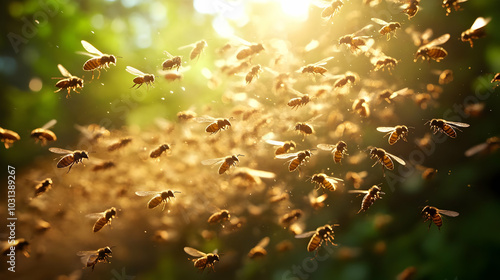 A swarm of bees illuminated...