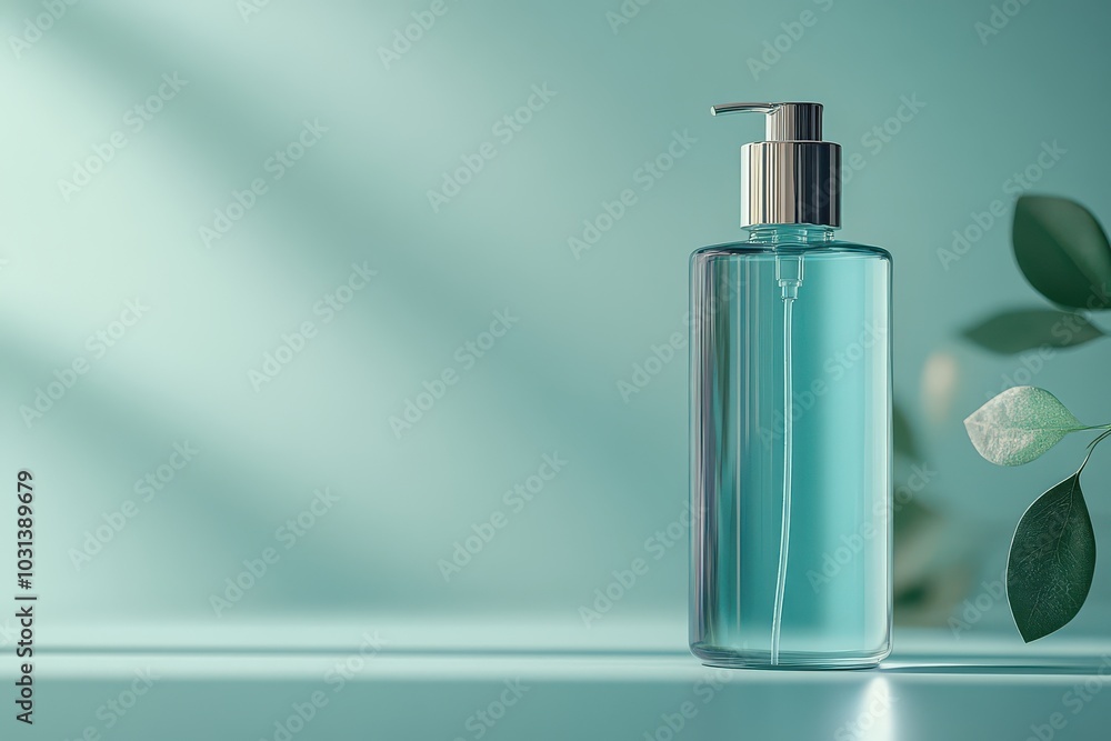 Blue Liquid Soap Bottle Mockup with Leaves. Blue Liquid Soap Bottle Mockup with Leaves.