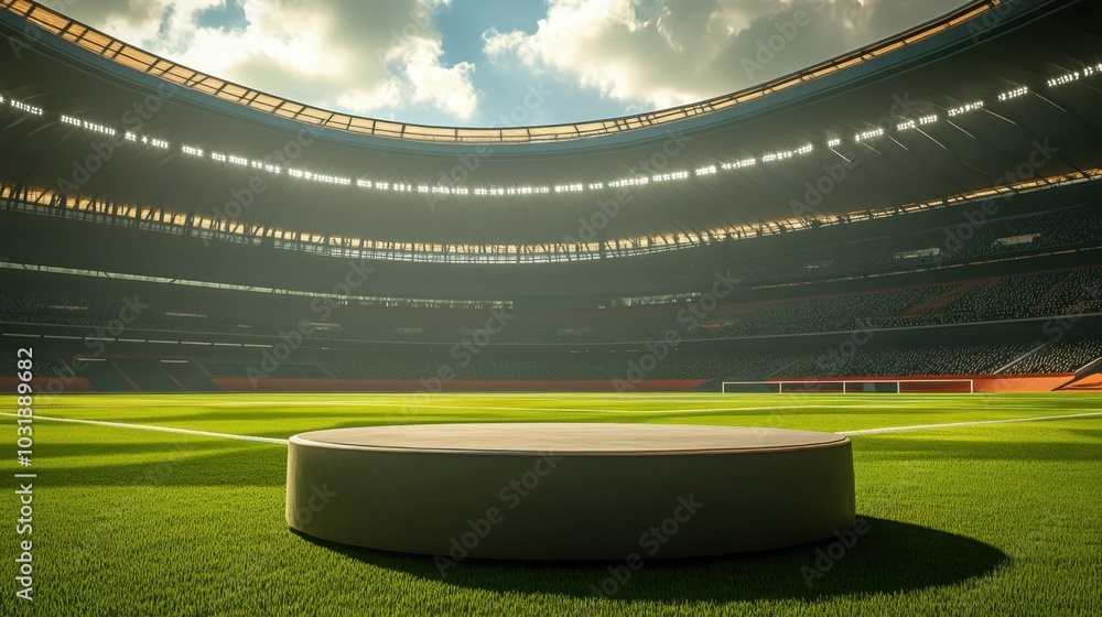 Naklejka premium A cylindric podium sits on a lush football field, spotlight on the grand stage of a world-class stadium.