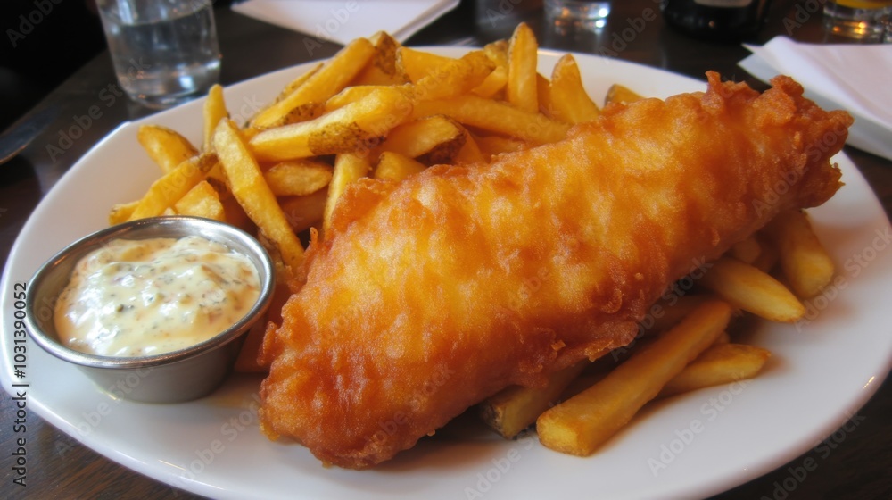 A hearty plate of fish and chips, served with a side of tartar sauce, capturing the essence of British comfort food. A hearty plate of fish and chips, served with a side of tartar sauce, capturing the essence of British comfort food.