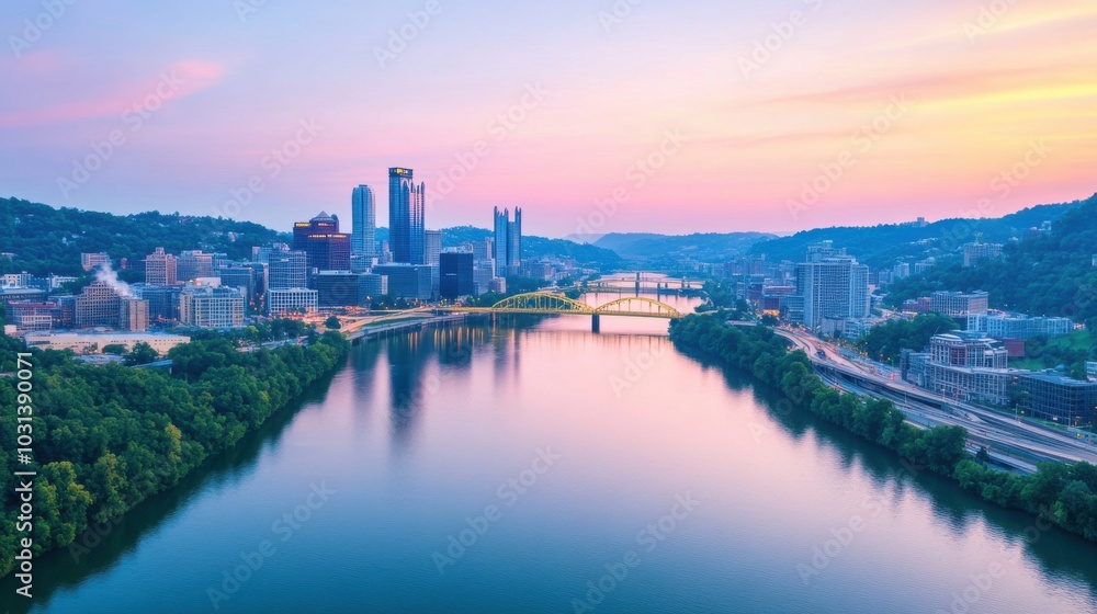 Naklejka premium city skyline at dusk