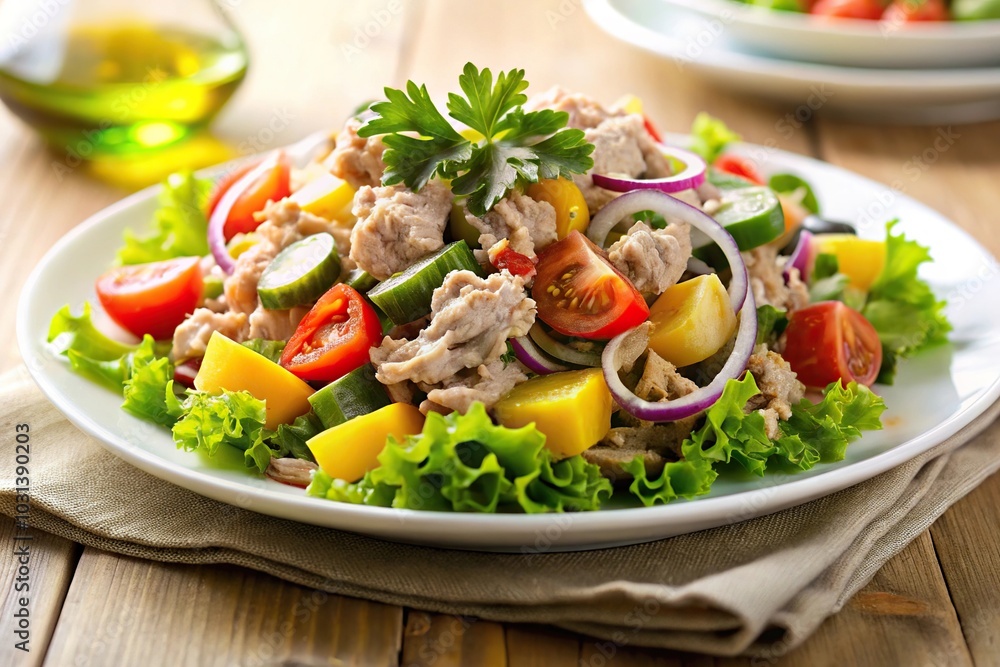 Fresh and healthy tuna salad appetizer on white plate Fresh and healthy tuna salad appetizer on white plate