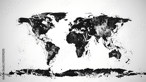 Black and White World Map Abstract Ink Illustration