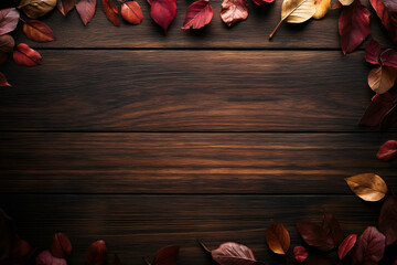 Realistic autumn leaves border on dark wooden background with blank space for poster, cover, banner design