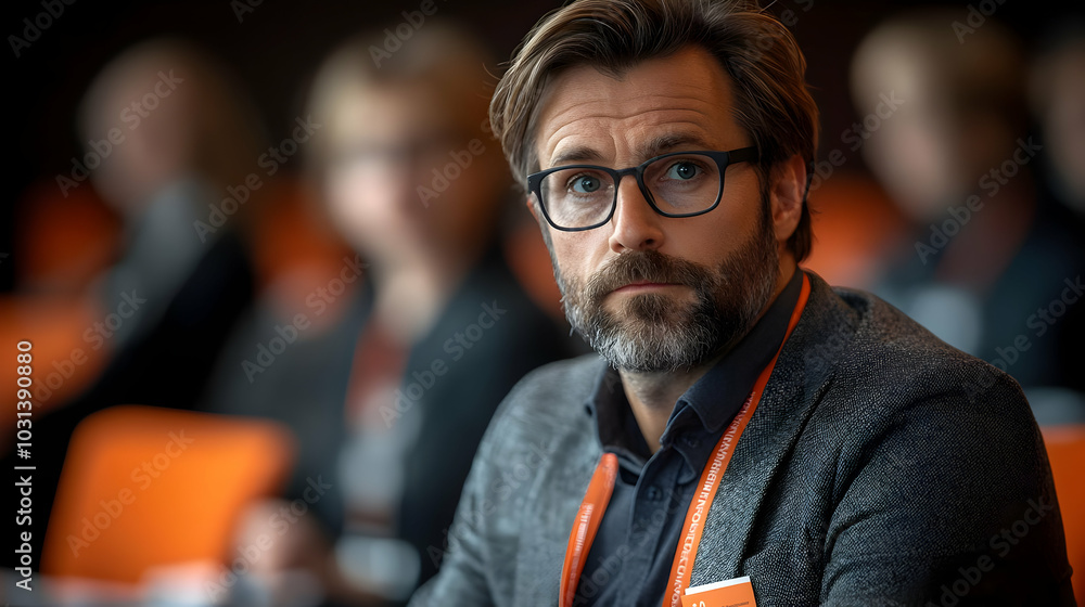 Fototapeta premium Attendee at a conference, focused and engaged in discussion.