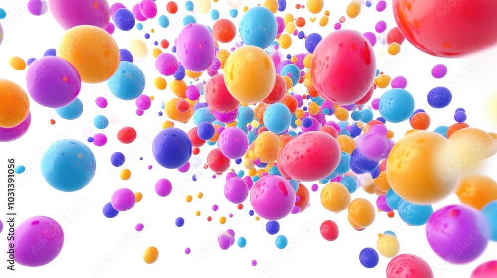 burst of vibrant balloons in different shapes and sizes on white background, adding dynamic and festive atmosphere burst of vibrant balloons in different shapes and sizes on white background, adding dynamic and festive atmosphere