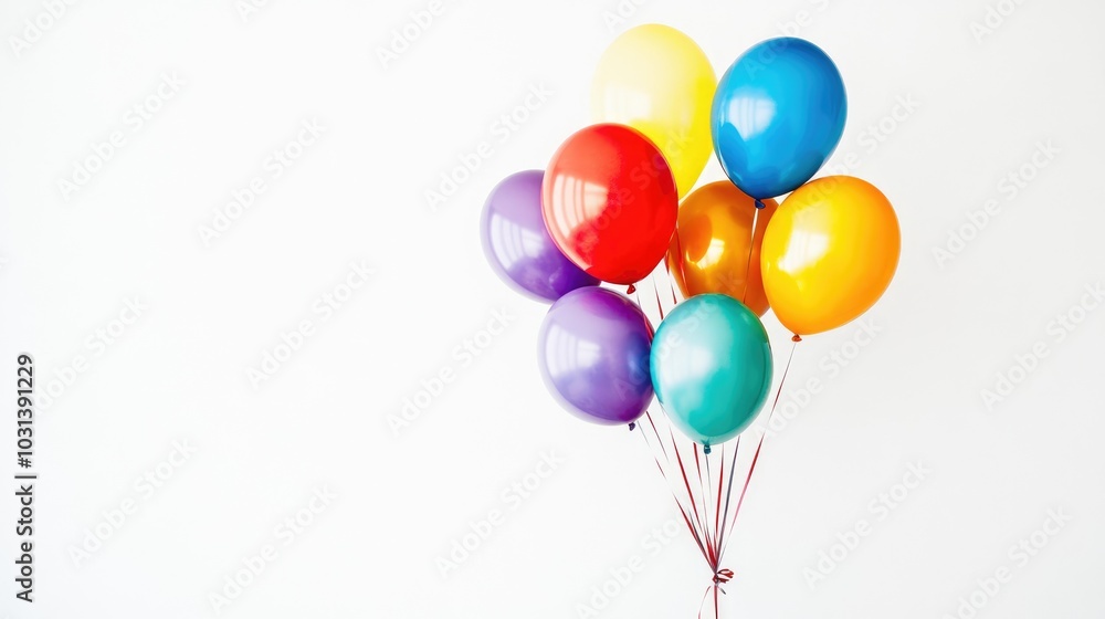 cluster of colorful balloons floating gently against clean white background, creating festive and cheerful mood cluster of colorful balloons floating gently against clean white background, creating festive and cheerful mood