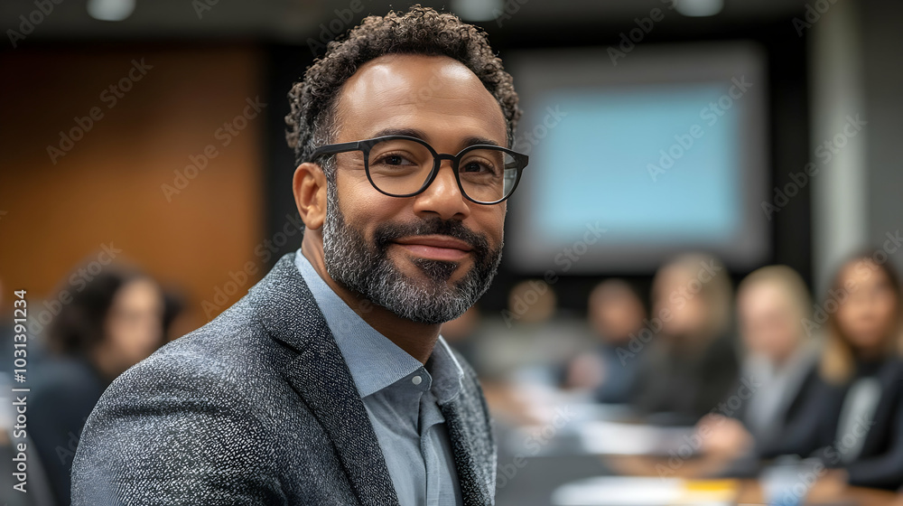 A man in a meeting setting, smiling and engaging with colleagues. A man in a meeting setting, smiling and engaging with colleagues.