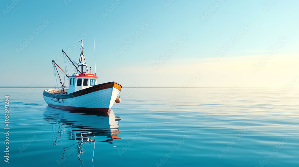 A side view of a fishing boat on calm waters, with the vast ocean stretching out into the horizon A side view of a fishing boat on calm waters, with the vast ocean stretching out into the horizon