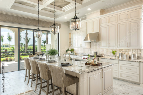 Sleek Open-Concept Kitchen with Elegant Marble Countertops and Modern Design