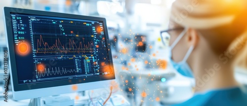 Healthcare professional analyzes patient data on a monitor in a modern medical facility, showcasing advanced technology in action.