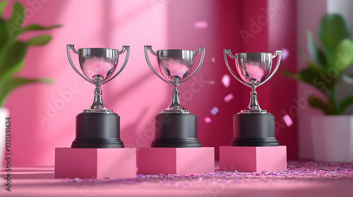 Three silver trophies on pi...