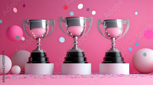 Three silver trophies on pe...