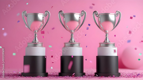 Three silver trophies on a ...