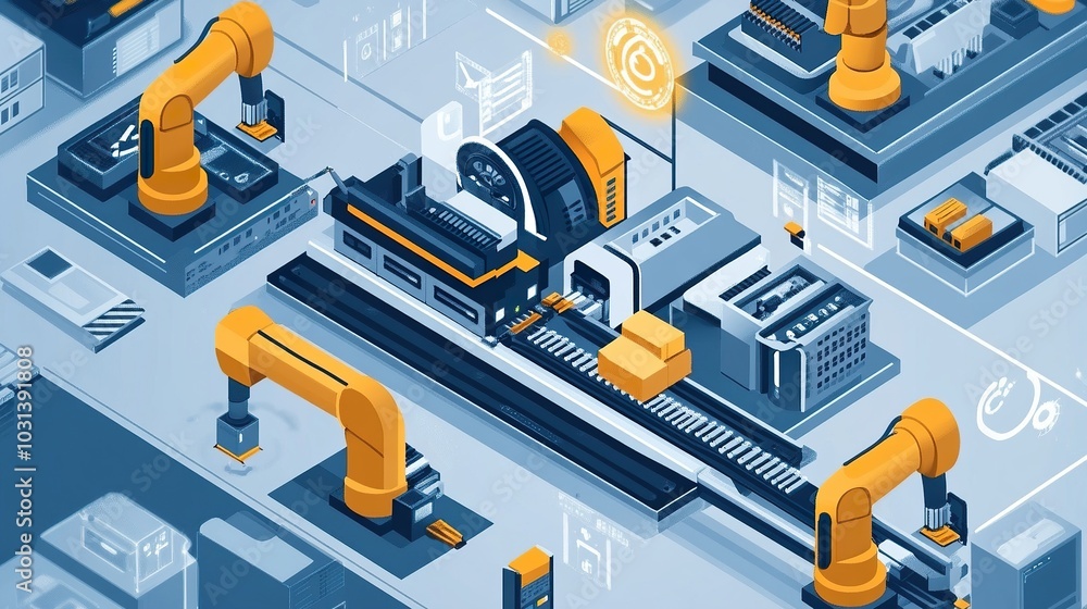 isometric a factory utilizing IoT sensors on every machine, collecting data to optimize performance and reduce downtime isometric a factory utilizing IoT sensors on every machine, collecting data to optimize performance and reduce downtime