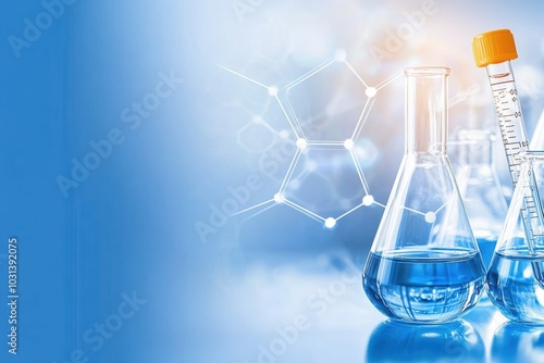 Laboratory equipment with blue liquid in flasks, showcasing scientific research and innovation in a modern setting.