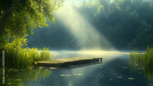 Serene lake scene with sunl...